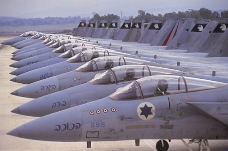 ISRAELI F-16 WAR JETS, WHICH WERE SUPPLIED BY THE UNITED STATES AND BUILT BY LOCKHEED MARTIN.  THE WAR JETS WERE ORIGINALLY DEVELOPED BY GENERAL DYNAMICS FOR THE UNITED STATES AIR FORCE.